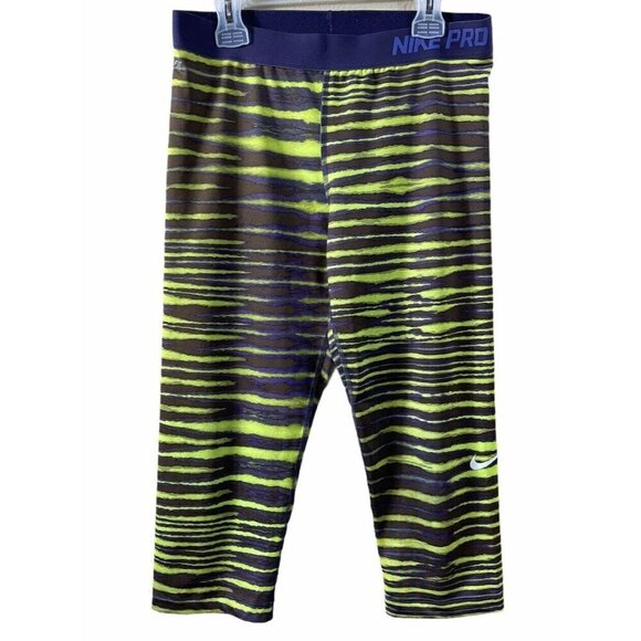 Nike Pro Tiger Stripe Leggings Capri Pants Volt Size L Athletic Running Thighs - Picture 1 of 9